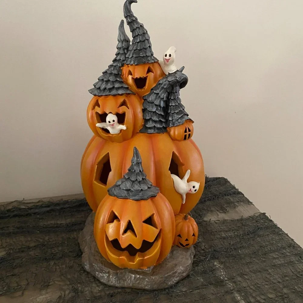Halloween LED Lighted Pumpkin House Hangry Jack O Lantern Witch Hat Figure Ghost